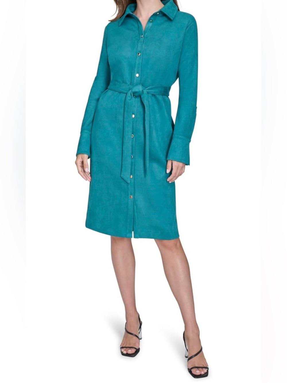 NWT H Halston Women Long Sleeve Collared V-Neck Button Front Belted Shirt Dress